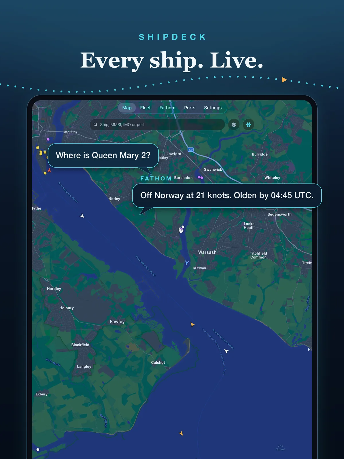 Shipdeck on iPad showing the live Solent map with a Fathom conversation