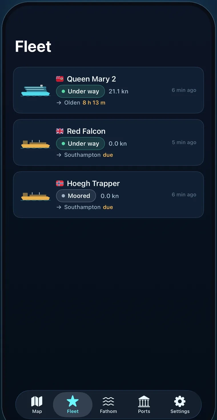 Shipdeck fleet screen with followed ships and their live status