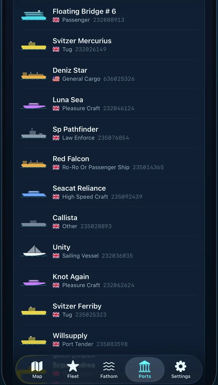 Shipdeck port page listing ships alongside and inbound