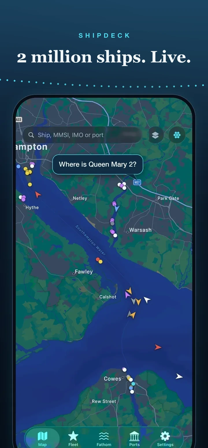 Shipdeck map of Southampton Water, captioned 2 million ships. Live.