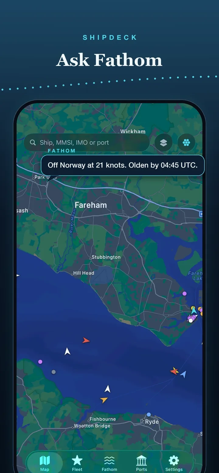 Shipdeck map of the mid Solent with a Fathom answer, captioned Ask Fathom